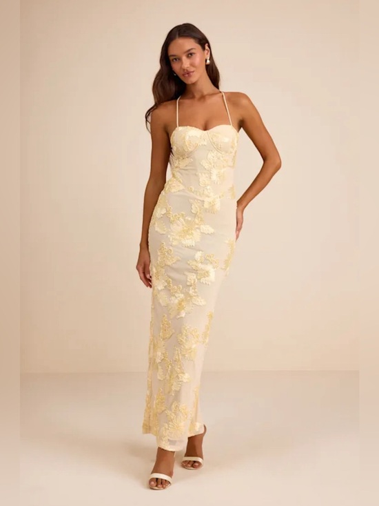 Lulus Dresses & Skirts - Lulus Nantessa Light Yellow Floral Applique Lace-Up Maxi Dress Size Medium NWT